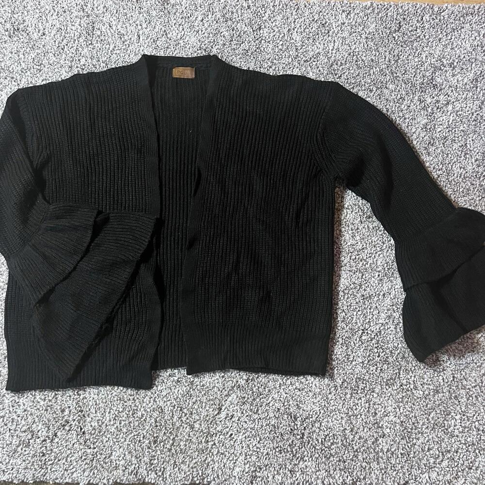 POL Black Open Front Cardigan Sweater Ruffle Bell Sleeve Knit Women’s Medium